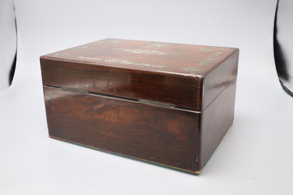 A Victorian mother of pearl inlaid rosewood toilet box, length 30cm